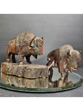 Bison Wood Carving Pair Ironwood Detailed Very Well Done Iron Wood Carved